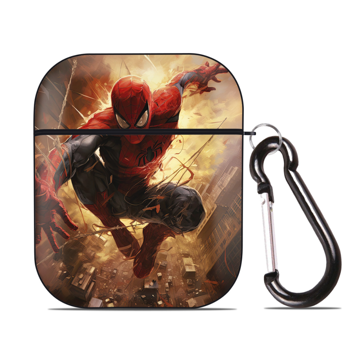 （画像用） Spider Man スパイダーマン AirPods 第2世代保護ケース ハードシェル ブラック 耐衝撃・防指紋・カラビナ付き