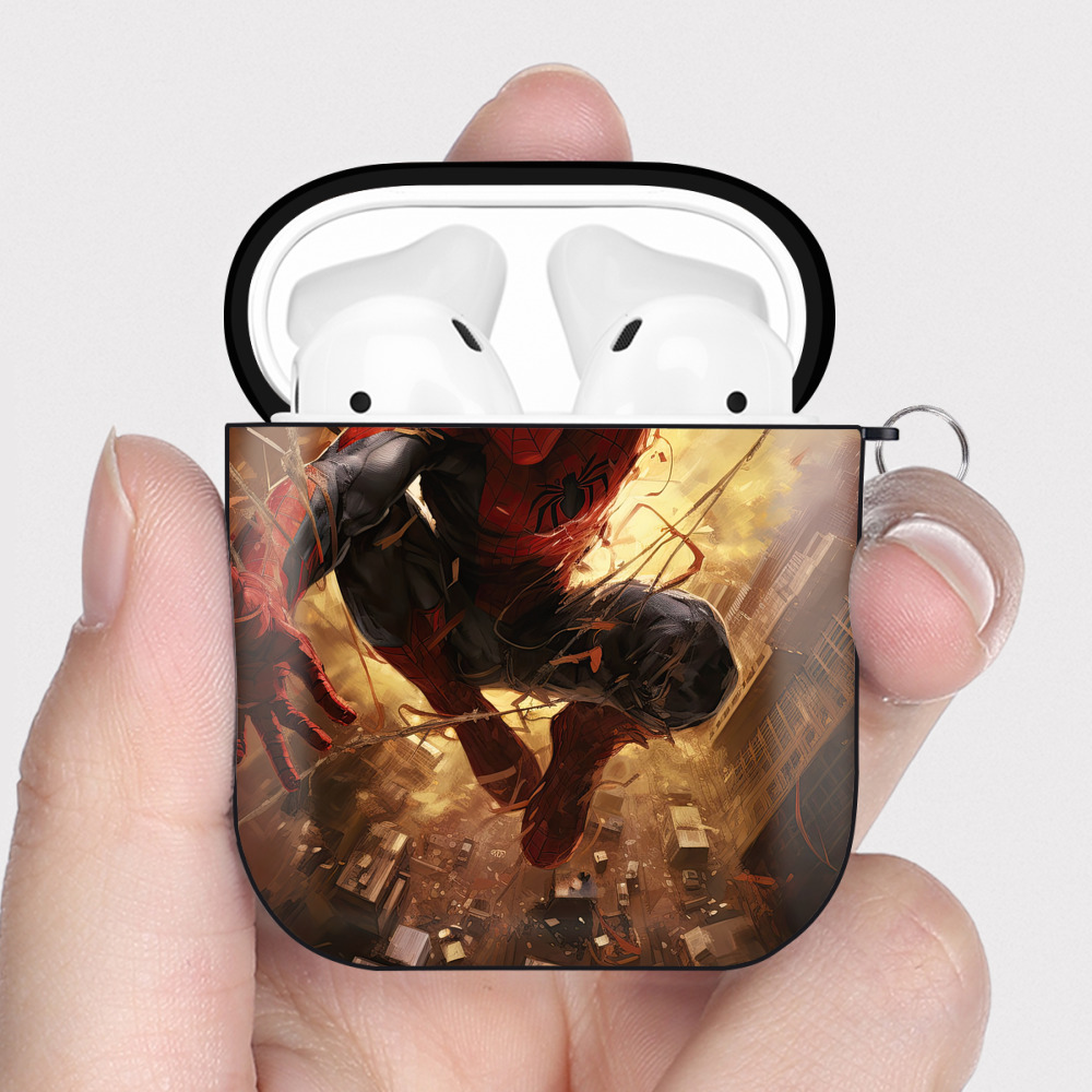 （画像用） Spider Man スパイダーマン AirPods 第2世代保護ケース ハードシェル ブラック 耐衝撃・防指紋・カラビナ付き