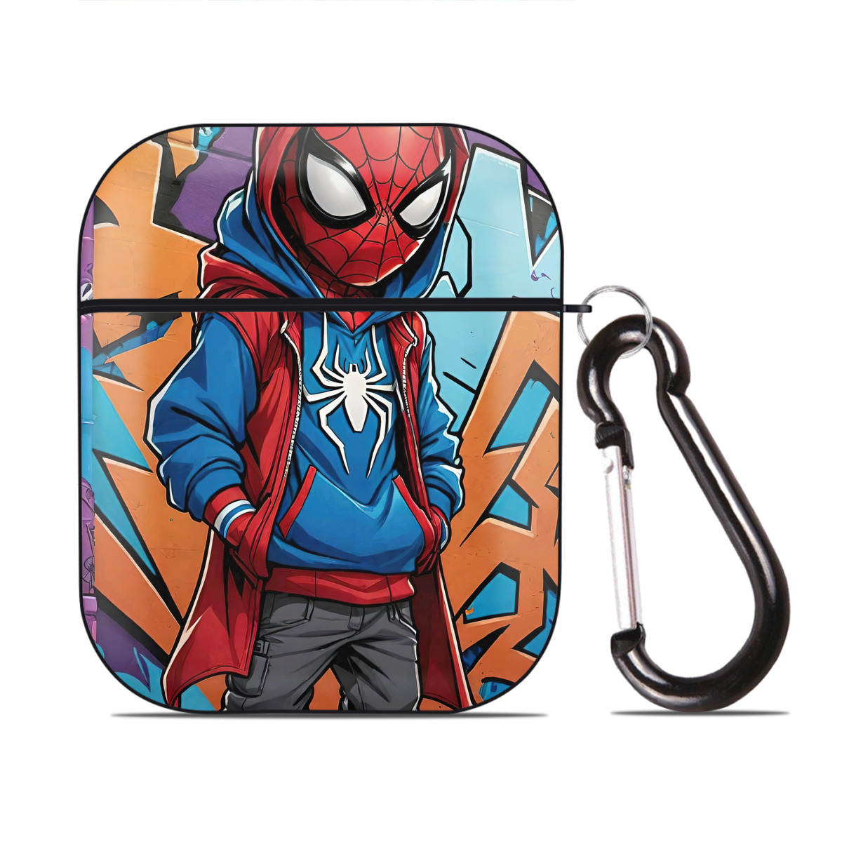 （画像用） Spider Man スパイダーマン AirPods 第2世代保護ケース ハードシェル ブラック 耐衝撃・防指紋・カラビナ付き