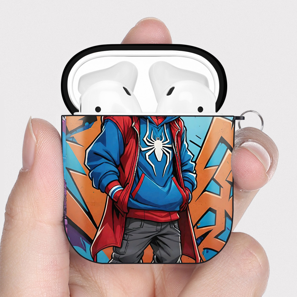 （画像用） Spider Man スパイダーマン AirPods 第2世代保護ケース ハードシェル ブラック 耐衝撃・防指紋・カラビナ付き