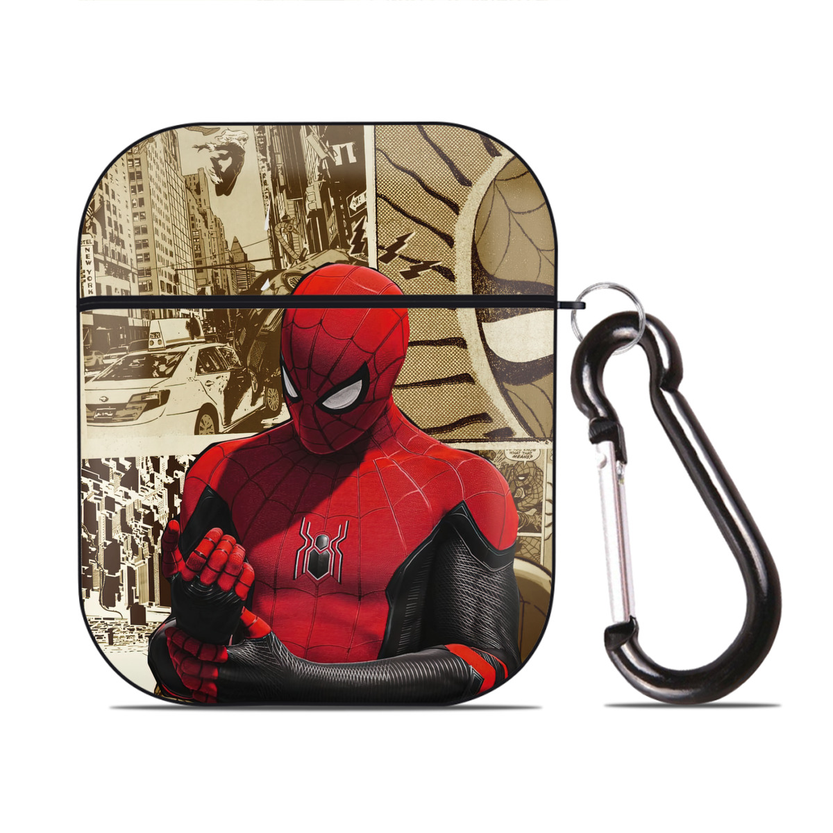 （画像用） Spider Man スパイダーマン AirPods 第2世代保護ケース ハードシェル ブラック 耐衝撃・防指紋・カラビナ付き
