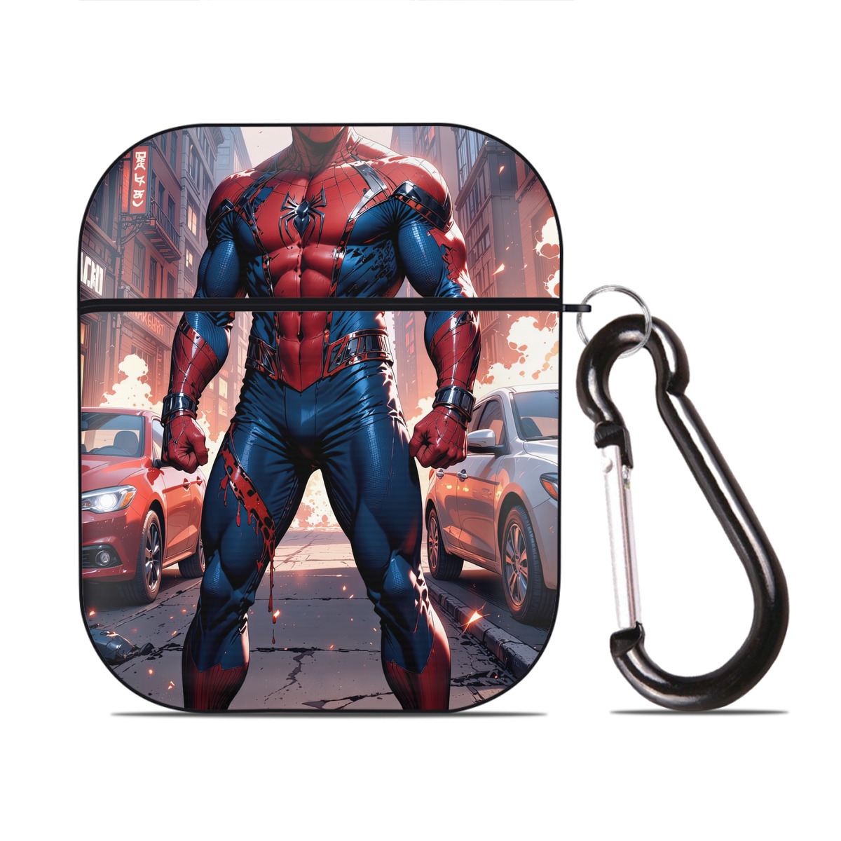 （画像用） Spider Man スパイダーマン AirPods 第2世代保護ケース ハードシェル ブラック 耐衝撃・防指紋・カラビナ付き