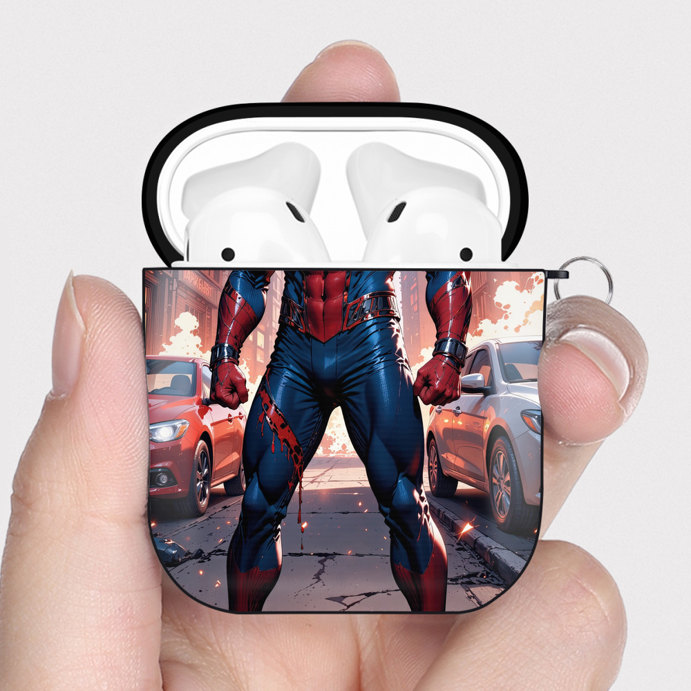 （画像用） Spider Man スパイダーマン AirPods 第2世代保護ケース ハードシェル ブラック 耐衝撃・防指紋・カラビナ付き