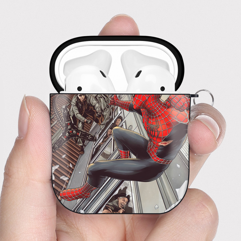 （画像用） Spider Man スパイダーマン AirPods 第2世代保護ケース ハードシェル ブラック 耐衝撃・防指紋・カラビナ付き