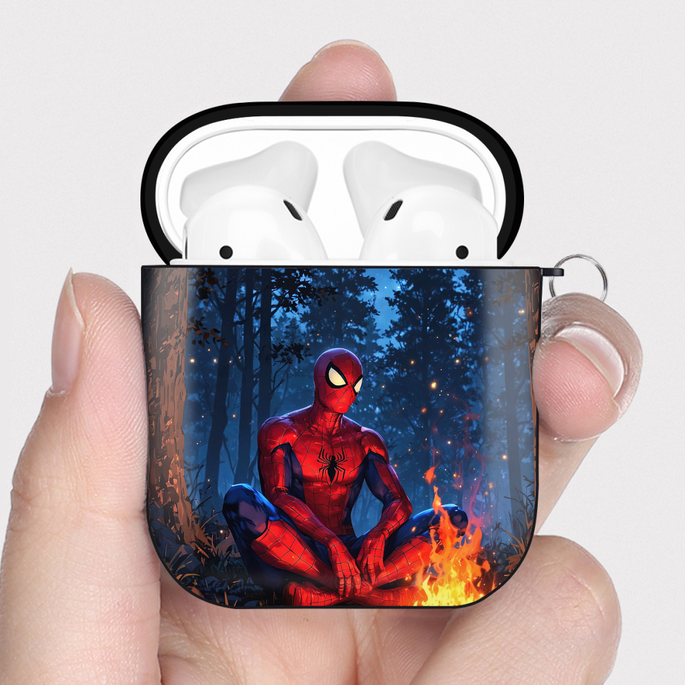 （画像用） Spider Man スパイダーマン AirPods 第2世代保護ケース ハードシェル ブラック 耐衝撃・防指紋・カラビナ付き