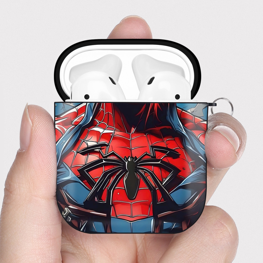 （画像用） Spider Man スパイダーマン AirPods 第2世代保護ケース ハードシェル ブラック 耐衝撃・防指紋・カラビナ付き