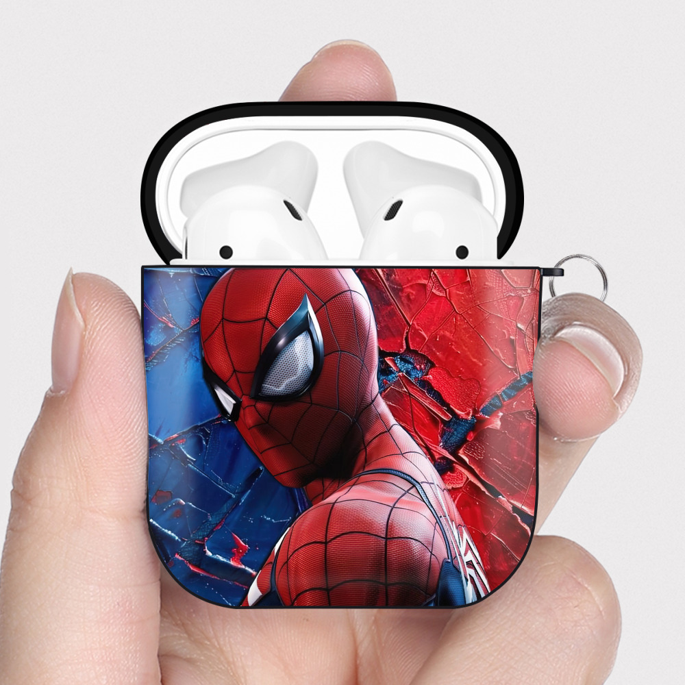（画像用） Spider Man スパイダーマン AirPods 第2世代保護ケース ハードシェル ブラック 耐衝撃・防指紋・カラビナ付き
