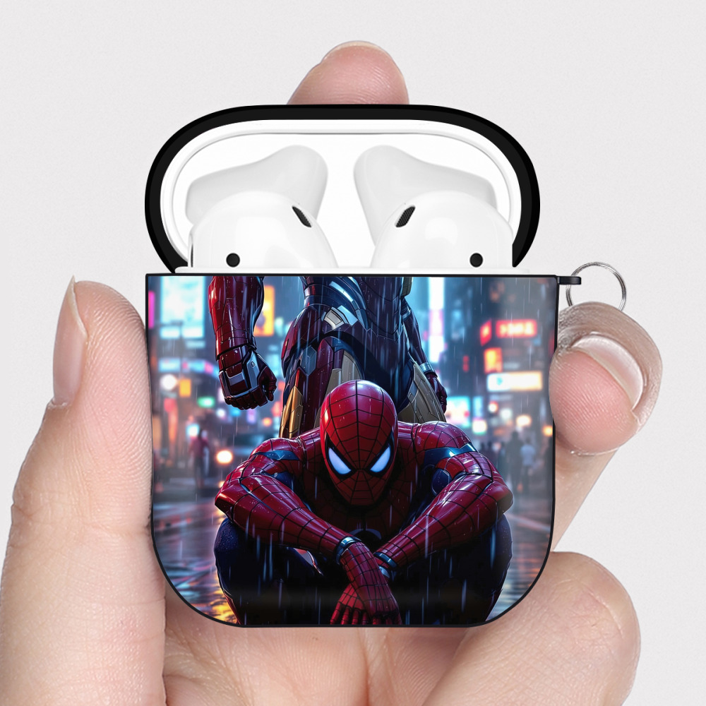 （画像用） Spider Man スパイダーマン AirPods 第2世代保護ケース ハードシェル ブラック 耐衝撃・防指紋・カラビナ付き
