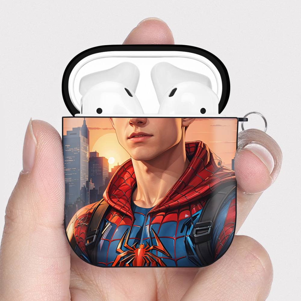 （画像用） Spider Man スパイダーマン AirPods 第2世代保護ケース ハードシェル ブラック 耐衝撃・防指紋・カラビナ付き