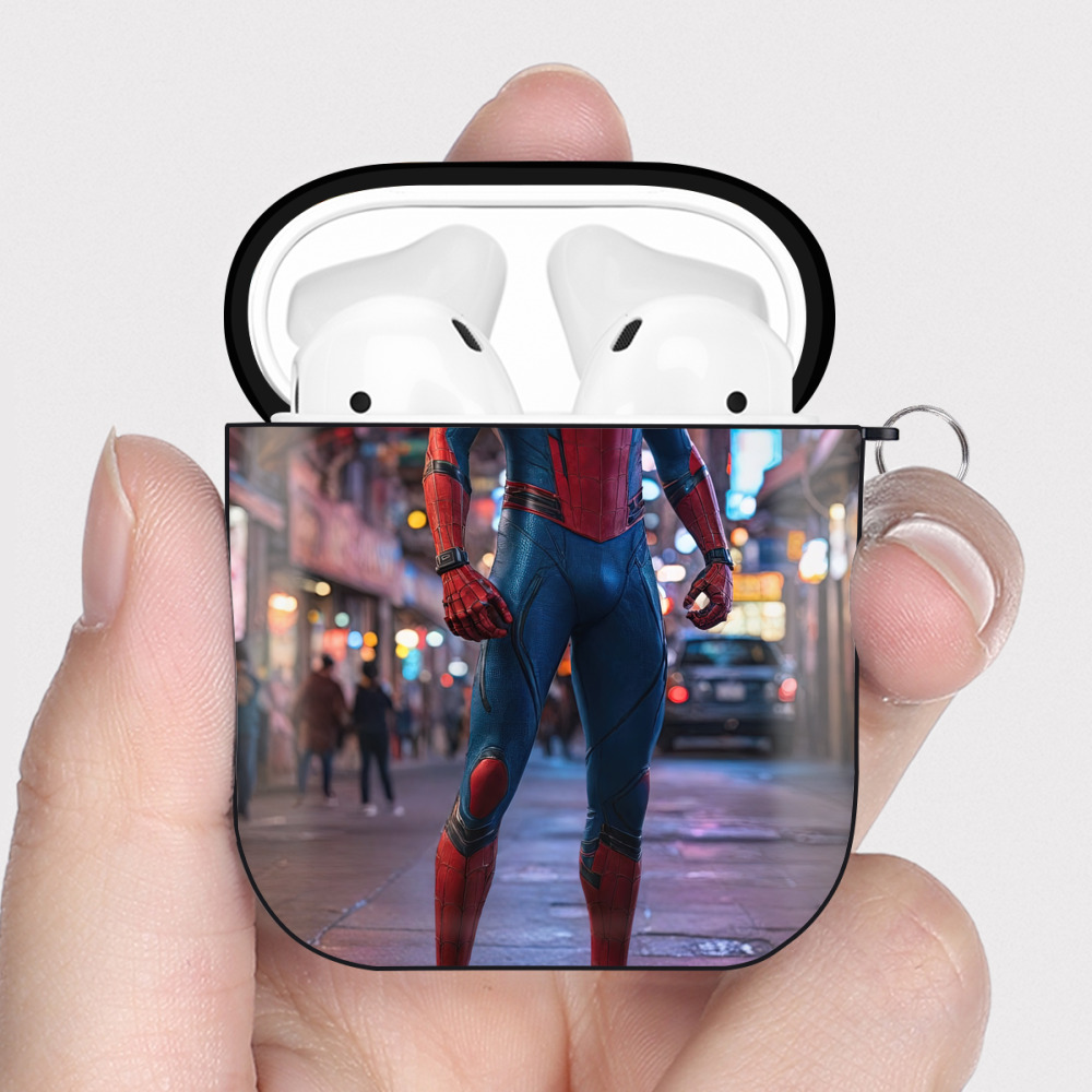 （画像用） Spider Man スパイダーマン AirPods 第2世代保護ケース ハードシェル ブラック 耐衝撃・防指紋・カラビナ付き