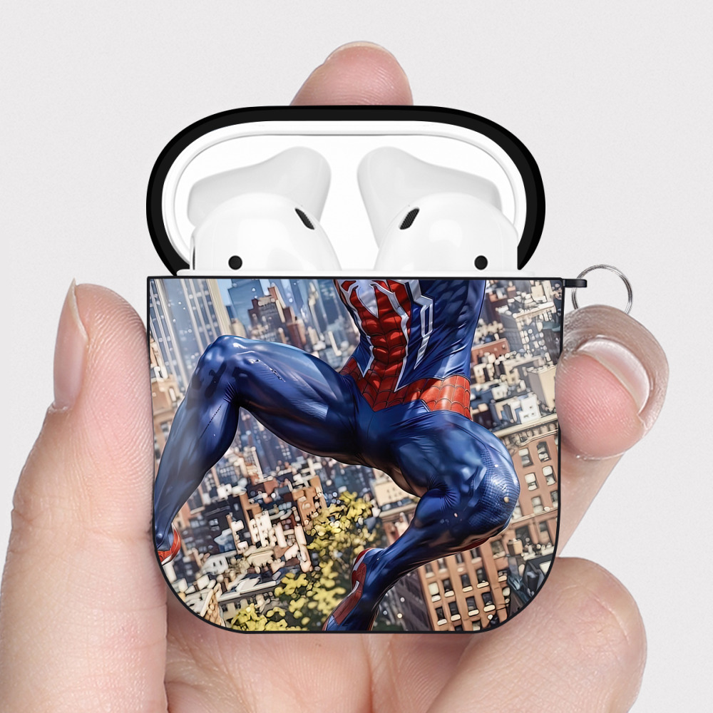 （画像用） Spider Man スパイダーマン AirPods 第2世代保護ケース ハードシェル ブラック 耐衝撃・防指紋・カラビナ付き
