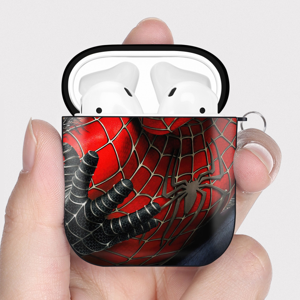 （画像用） Spider Man スパイダーマン AirPods 第2世代保護ケース ハードシェル ブラック 耐衝撃・防指紋・カラビナ付き