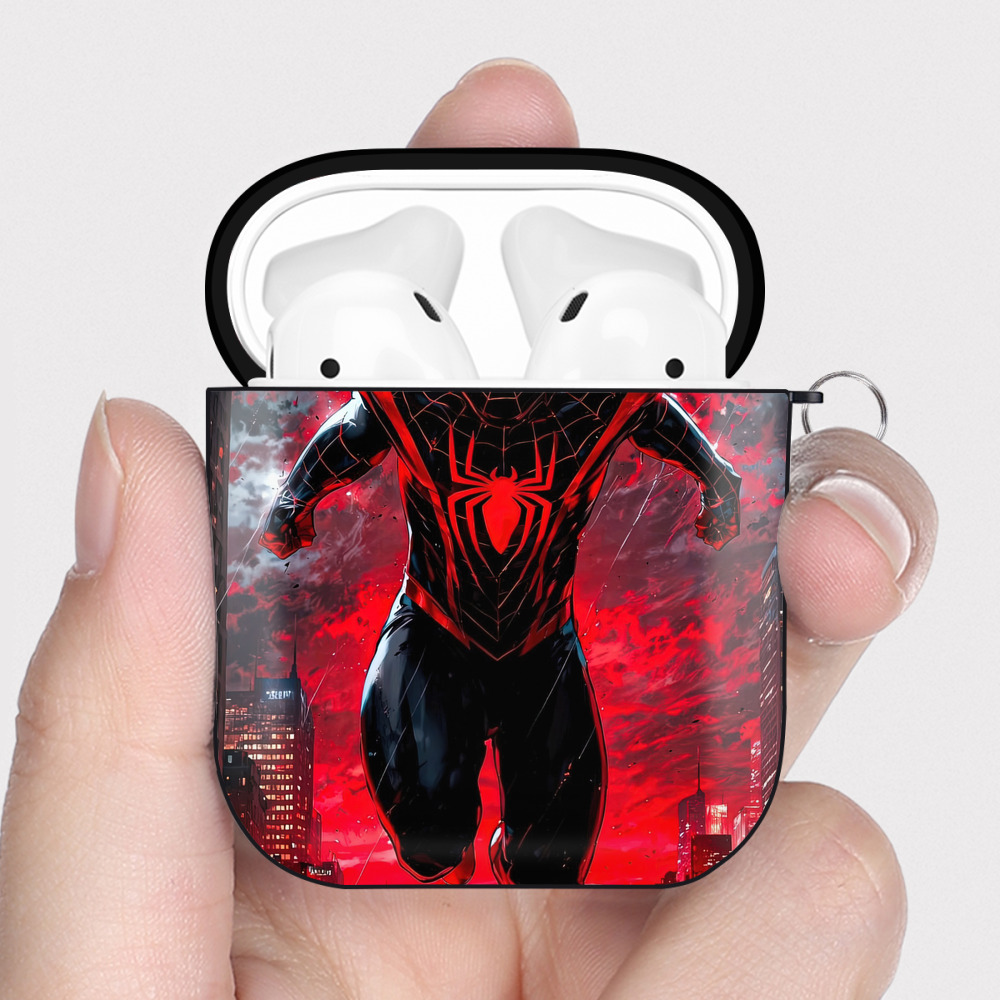 （画像用） Spider Man スパイダーマン AirPods 第2世代保護ケース ハードシェル ブラック 耐衝撃・防指紋・カラビナ付き