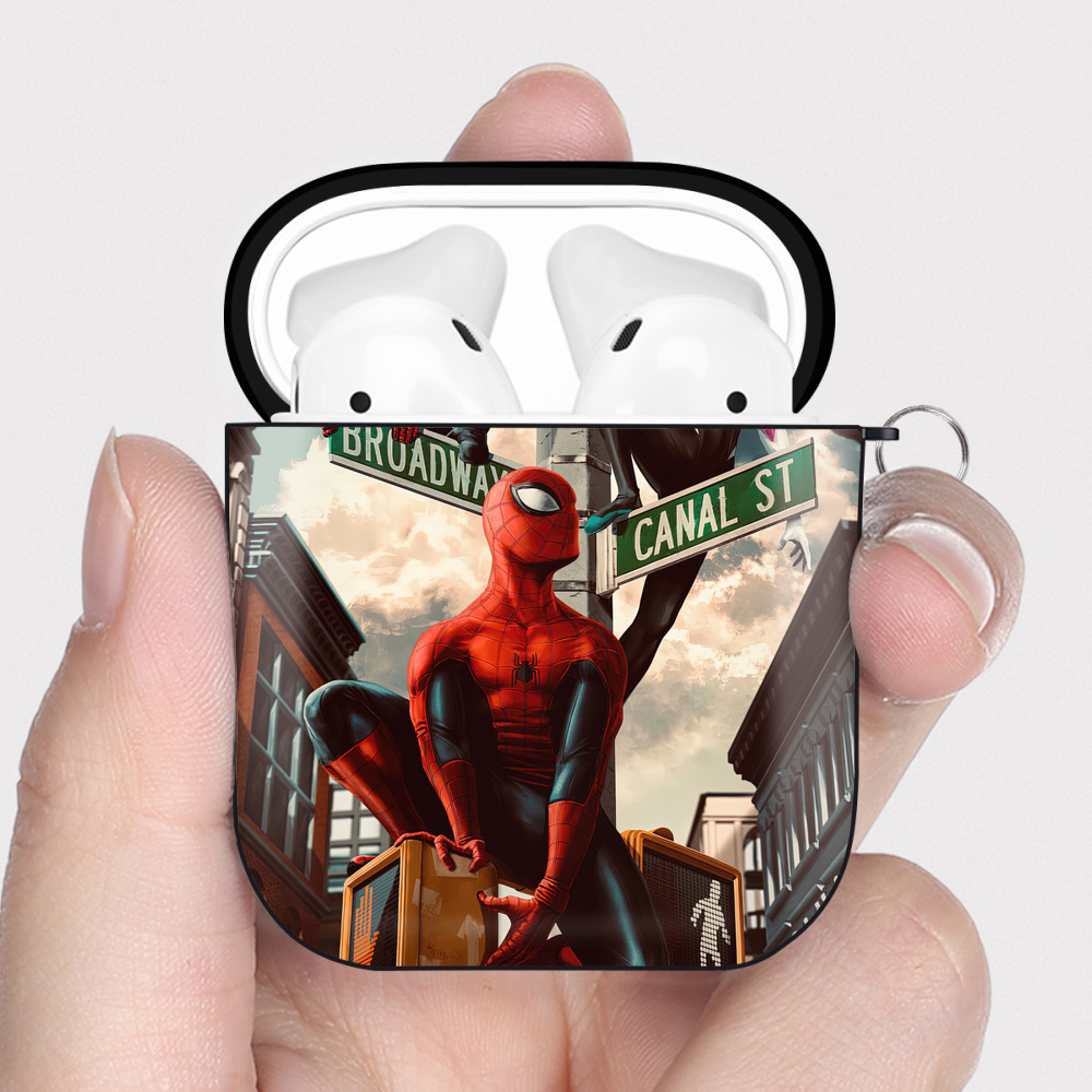 （画像用） Spider Man スパイダーマン AirPods 第2世代保護ケース ハードシェル ブラック 耐衝撃・防指紋・カラビナ付き
