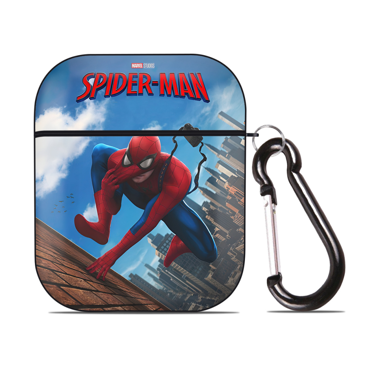（画像用） Spider Man スパイダーマン AirPods 第2世代保護ケース ハードシェル ブラック 耐衝撃・防指紋・カラビナ付き