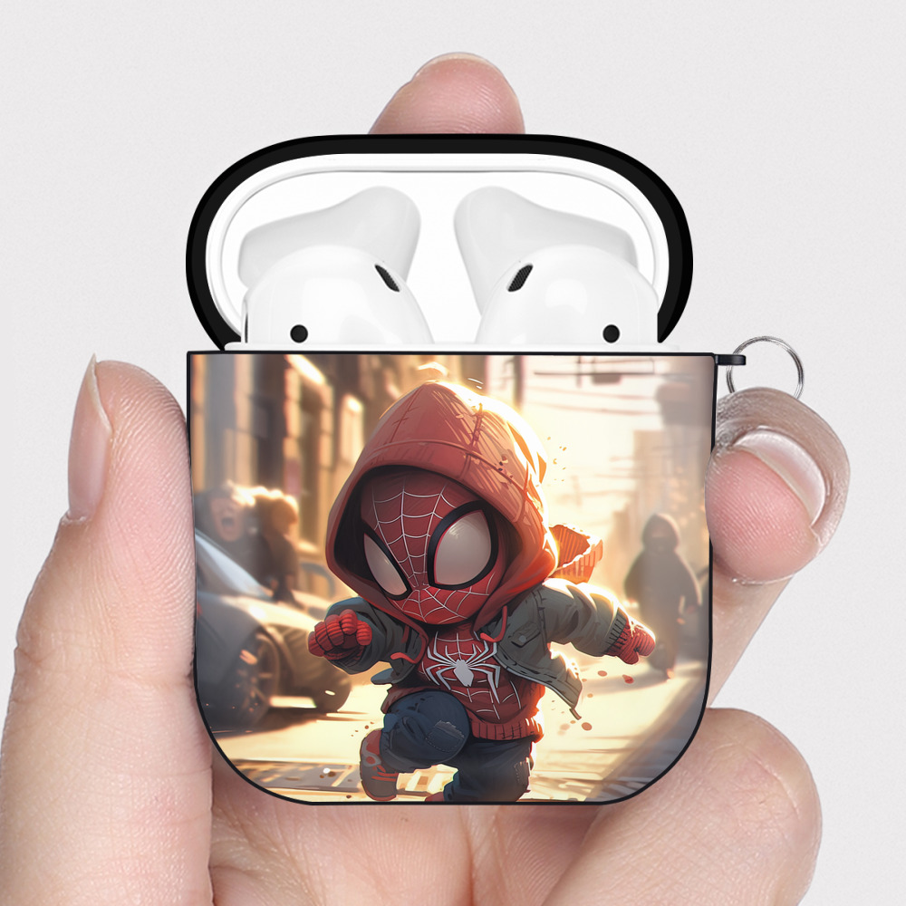 （画像用） Spider Man スパイダーマン AirPods 第2世代保護ケース ハードシェル ブラック 耐衝撃・防指紋・カラビナ付き