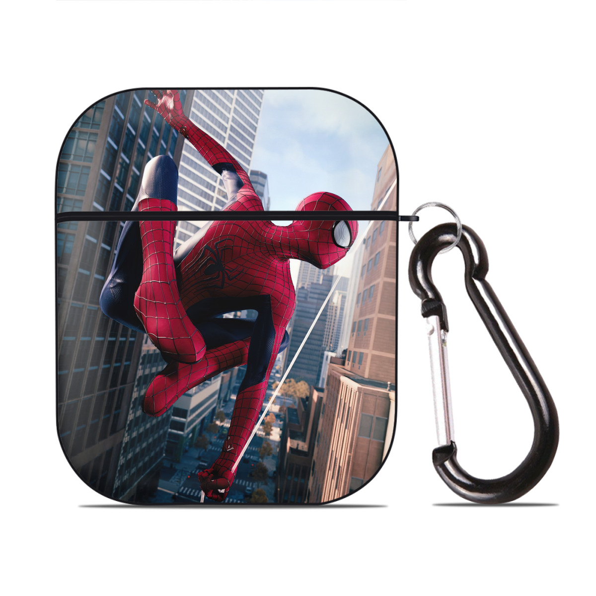 （画像用） Spider Man スパイダーマン AirPods 第2世代保護ケース ハードシェル ブラック 耐衝撃・防指紋・カラビナ付き
