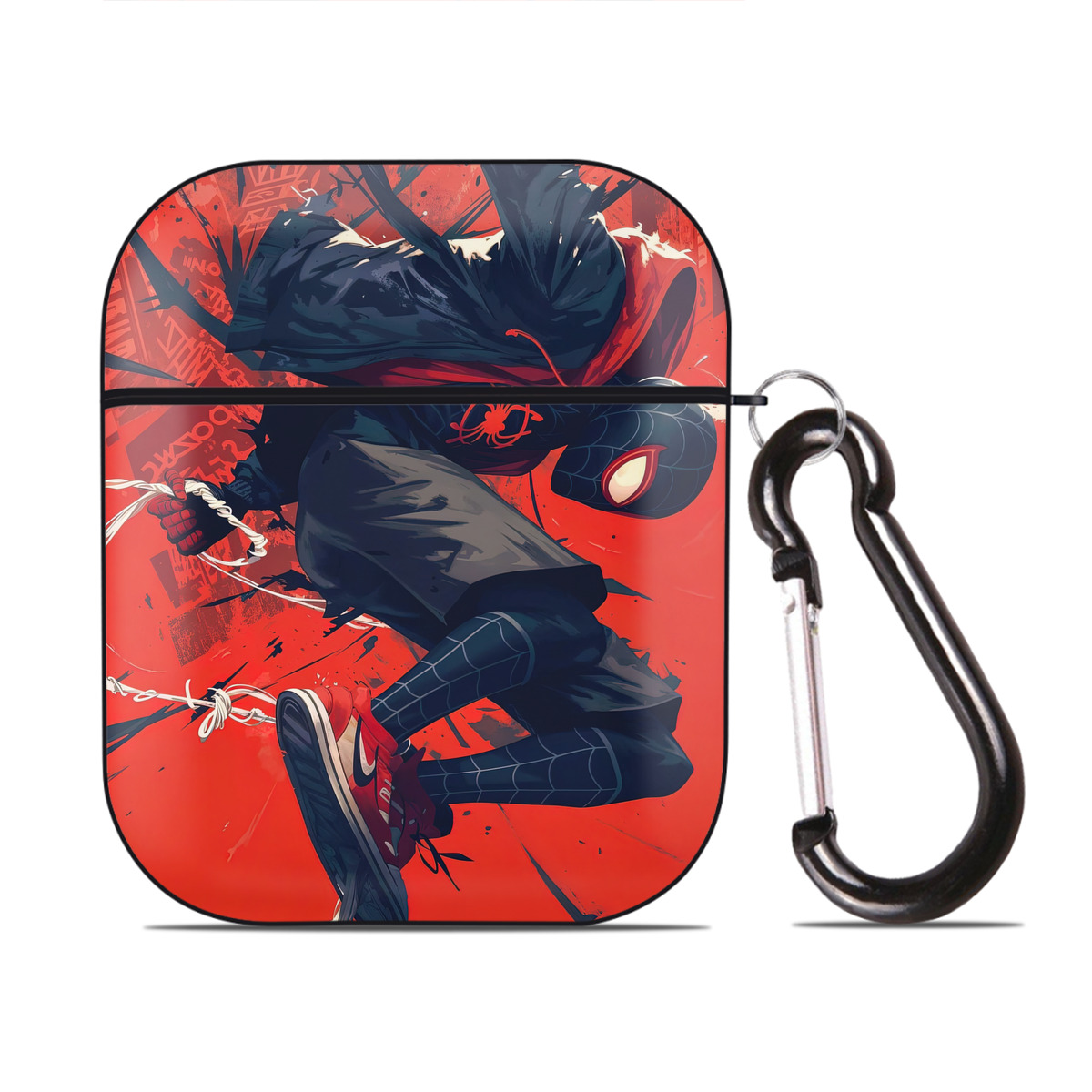 （画像用） Spider Man スパイダーマン AirPods 第2世代保護ケース ハードシェル ブラック 耐衝撃・防指紋・カラビナ付き