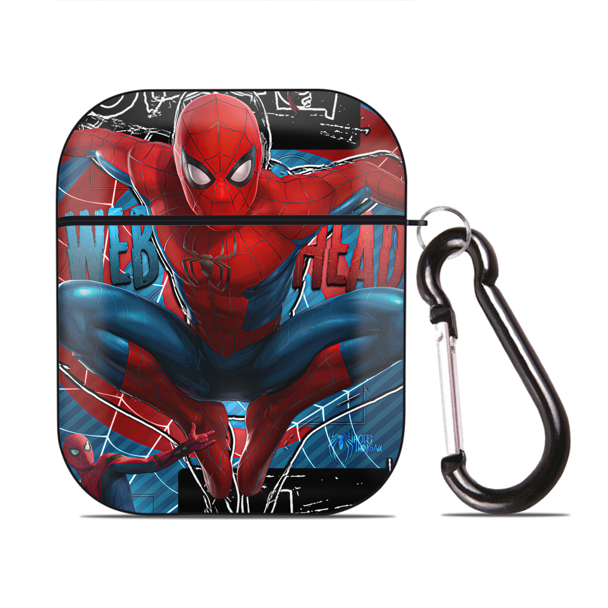 （画像用） Spider Man スパイダーマン AirPods 第2世代保護ケース ハードシェル ブラック 耐衝撃・防指紋・カラビナ付き