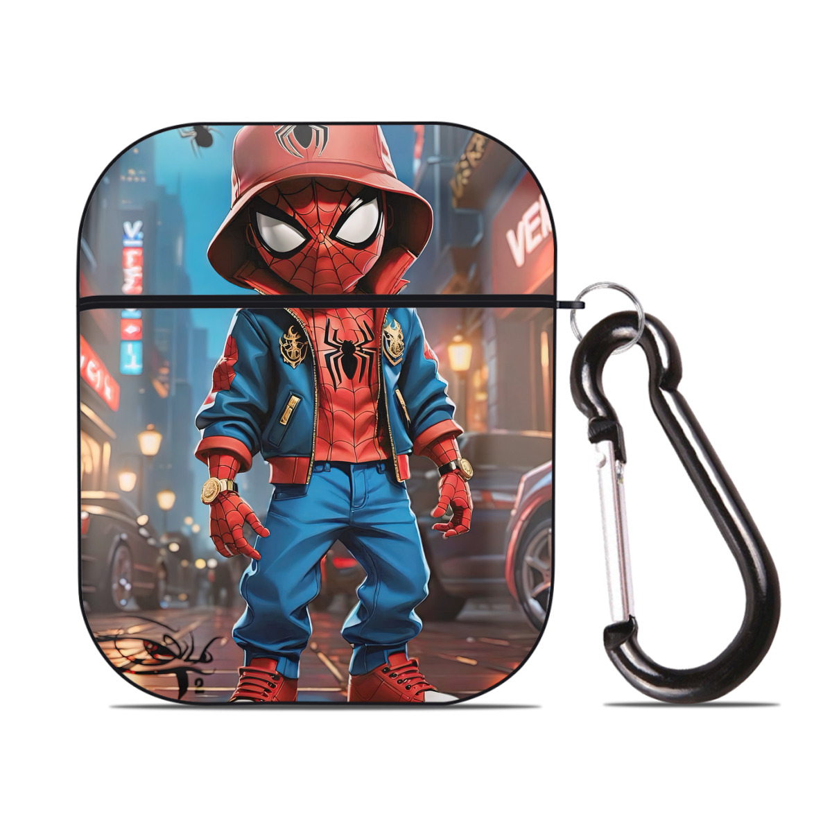 （画像用） Spider Man スパイダーマン AirPods 第2世代保護ケース ハードシェル ブラック 耐衝撃・防指紋・カラビナ付き
