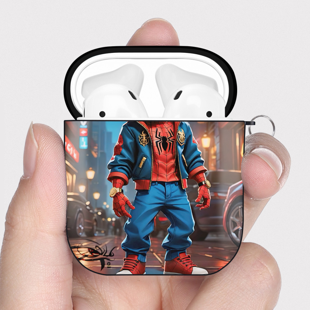 （画像用） Spider Man スパイダーマン AirPods 第2世代保護ケース ハードシェル ブラック 耐衝撃・防指紋・カラビナ付き
