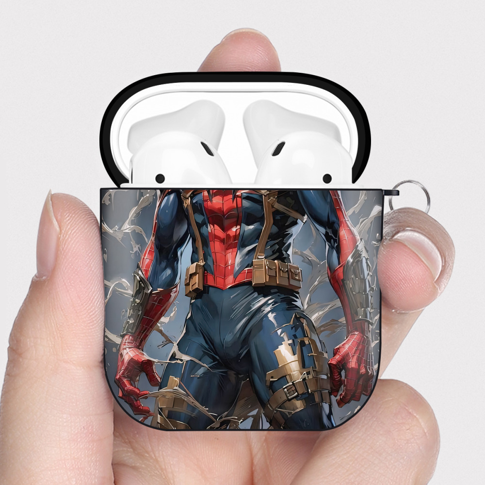（画像用） Spider Man スパイダーマン AirPods 第2世代保護ケース ハードシェル ブラック 耐衝撃・防指紋・カラビナ付き