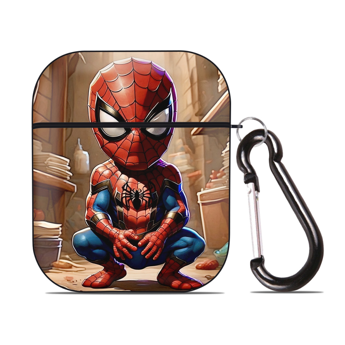 （画像用） Spider Man スパイダーマン AirPods 第2世代保護ケース ハードシェル ブラック 耐衝撃・防指紋・カラビナ付き