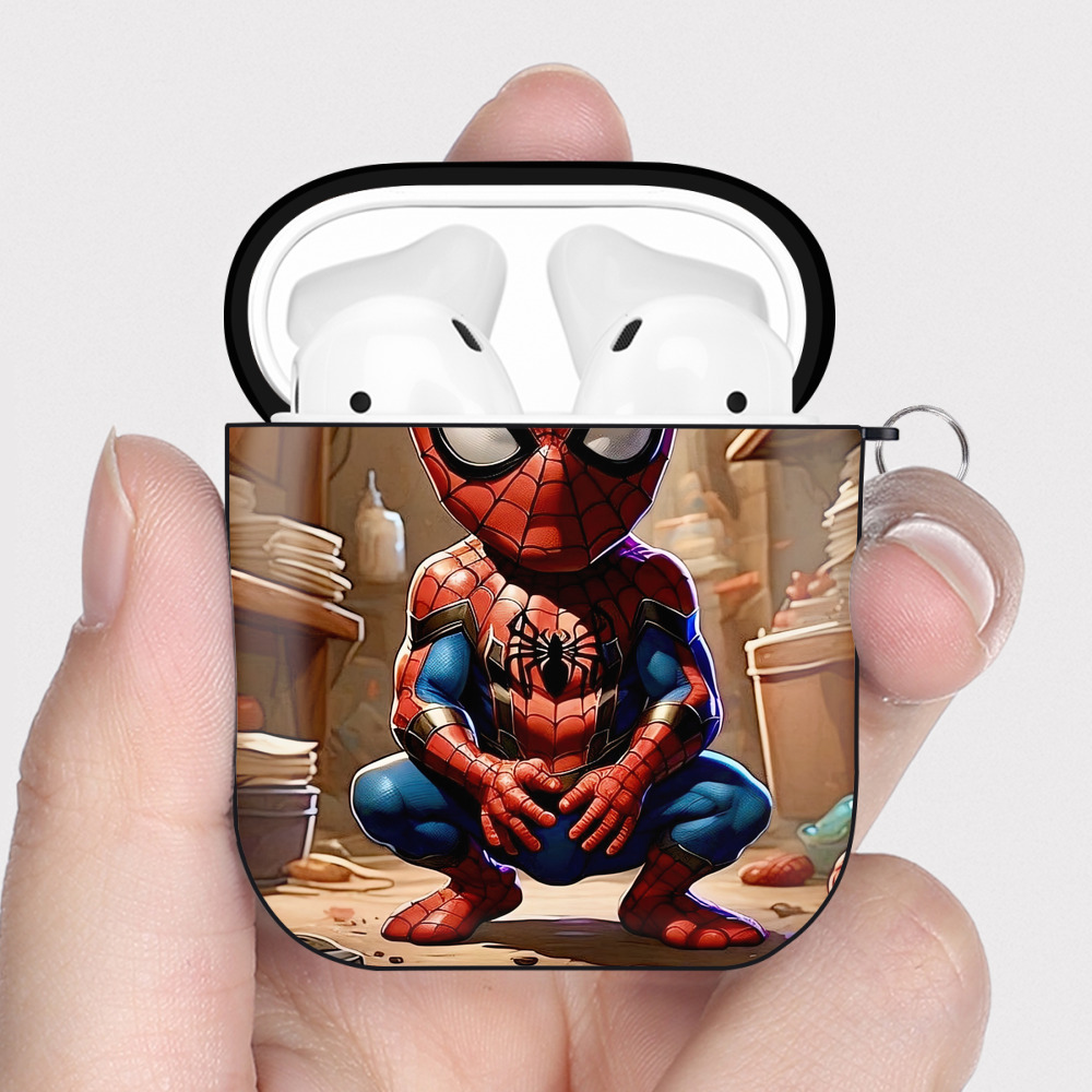 （画像用） Spider Man スパイダーマン AirPods 第2世代保護ケース ハードシェル ブラック 耐衝撃・防指紋・カラビナ付き