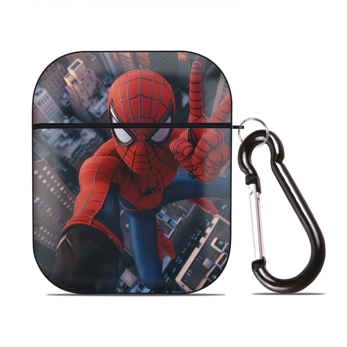 （画像用） Spider Man スパイダーマン AirPods 第2世代保護ケース ハードシェル ブラック 耐衝撃・防指紋・カラビナ付き