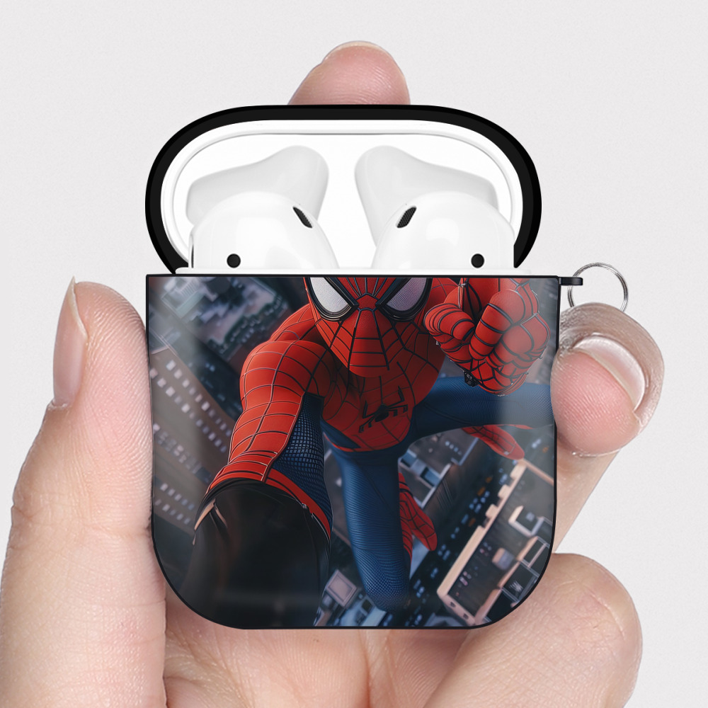 （画像用） Spider Man スパイダーマン AirPods 第2世代保護ケース ハードシェル ブラック 耐衝撃・防指紋・カラビナ付き