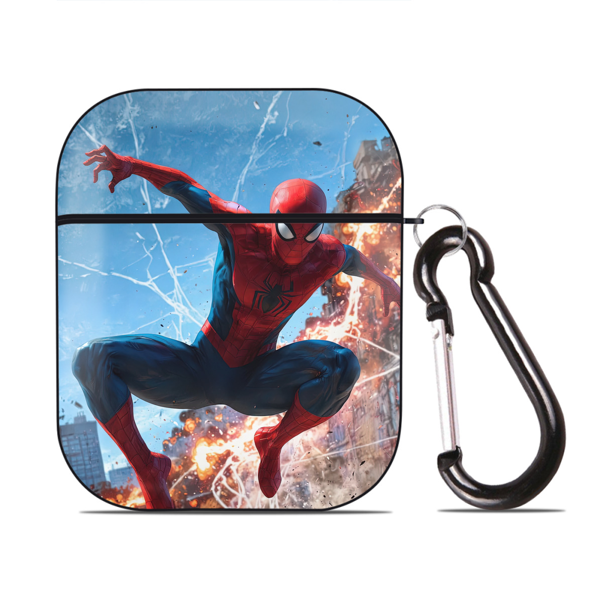 （画像用） Spider Man スパイダーマン AirPods 第2世代保護ケース ハードシェル ブラック 耐衝撃・防指紋・カラビナ付き