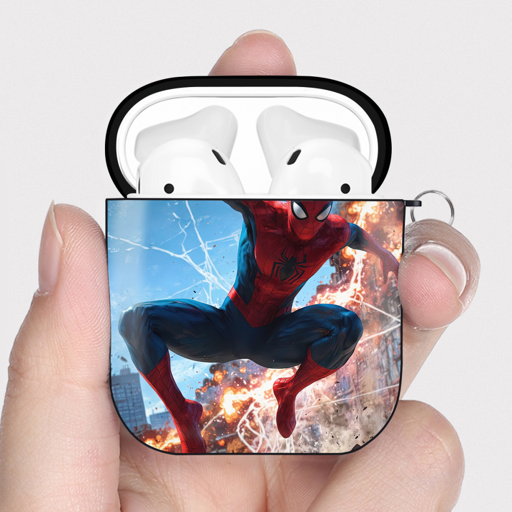 （画像用） Spider Man スパイダーマン AirPods 第2世代保護ケース ハードシェル ブラック 耐衝撃・防指紋・カラビナ付き