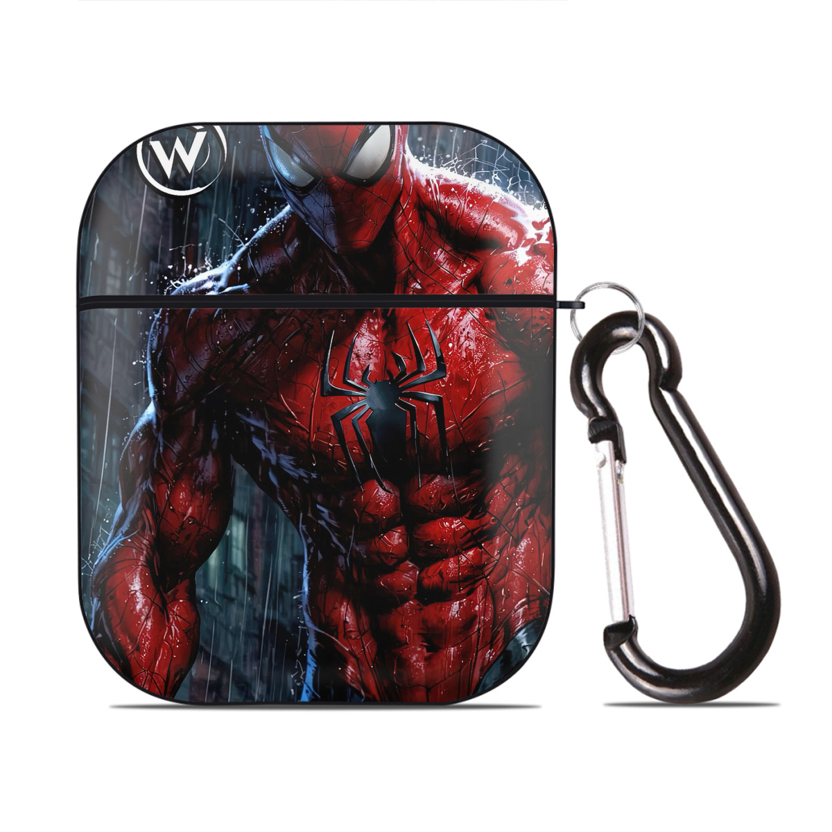 （画像用） Spider Man スパイダーマン AirPods 第2世代保護ケース ハードシェル ブラック 耐衝撃・防指紋・カラビナ付き