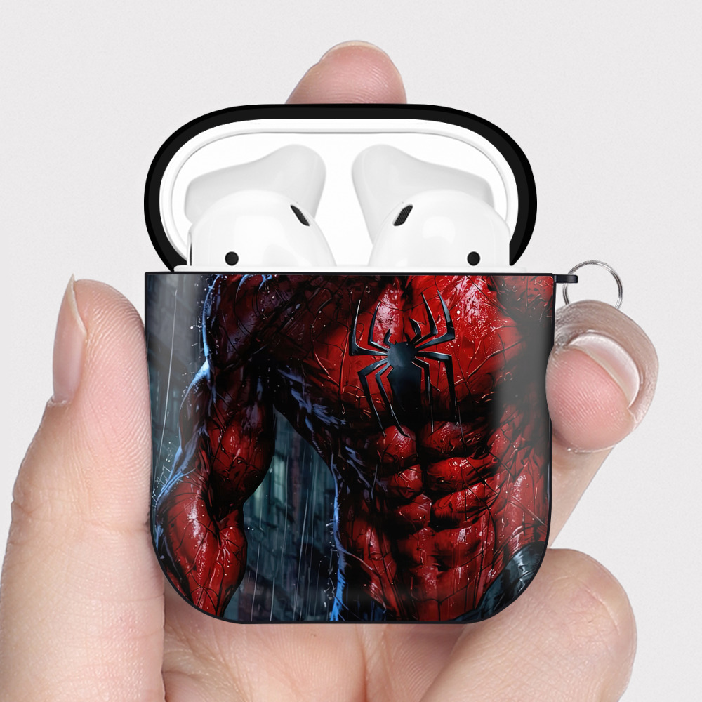 （画像用） Spider Man スパイダーマン AirPods 第2世代保護ケース ハードシェル ブラック 耐衝撃・防指紋・カラビナ付き