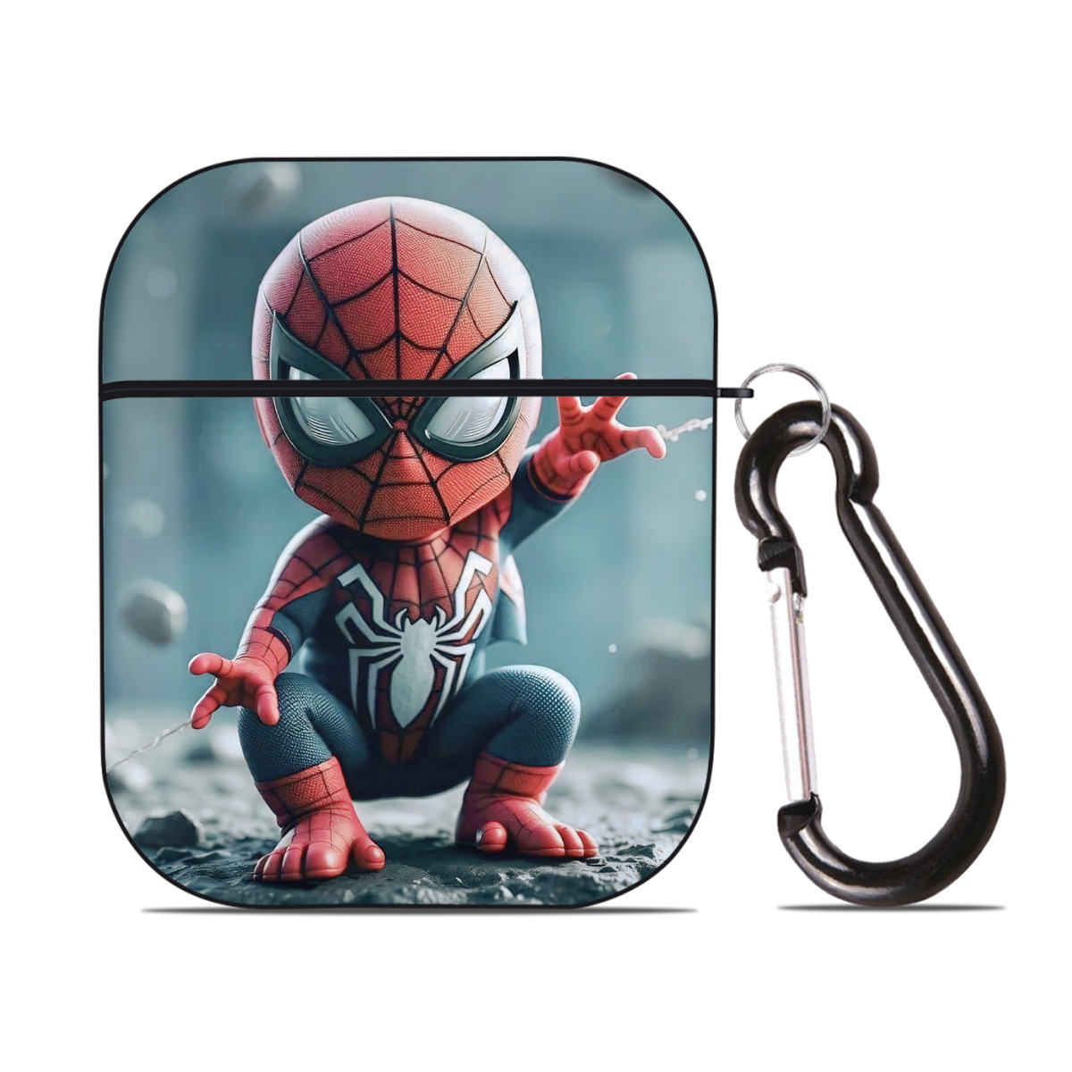 （画像用） Spider Man スパイダーマン AirPods 第2世代保護ケース ハードシェル ブラック 耐衝撃・防指紋・カラビナ付き