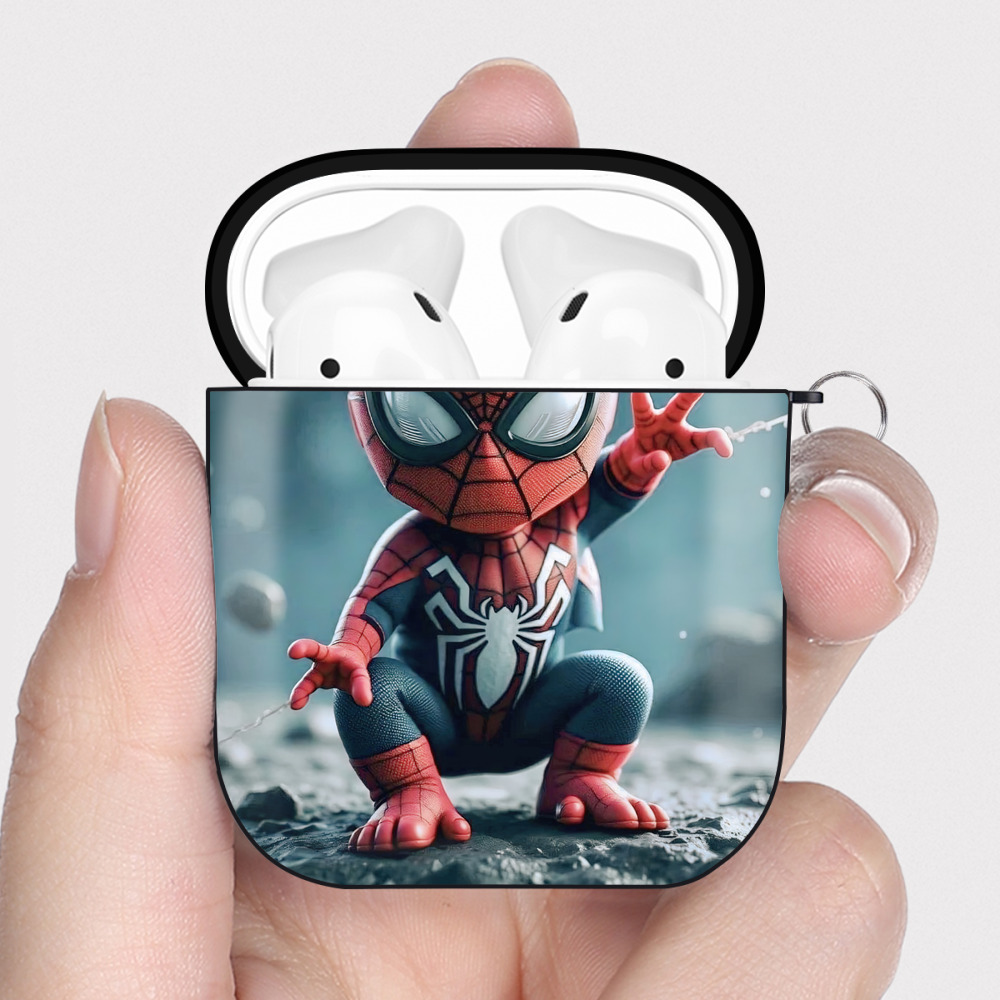 （画像用） Spider Man スパイダーマン AirPods 第2世代保護ケース ハードシェル ブラック 耐衝撃・防指紋・カラビナ付き