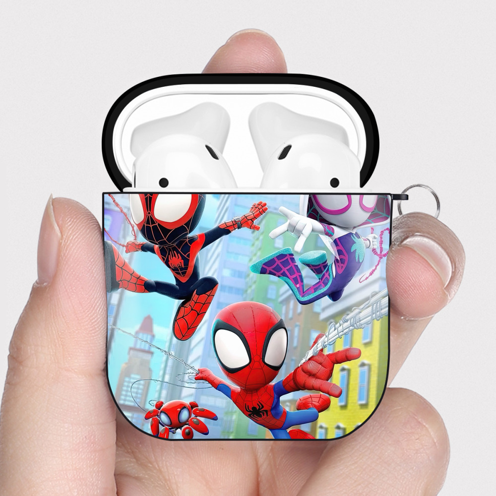 （画像用） Spider Man スパイダーマン AirPods 第2世代保護ケース ハードシェル ブラック 耐衝撃・防指紋・カラビナ付き