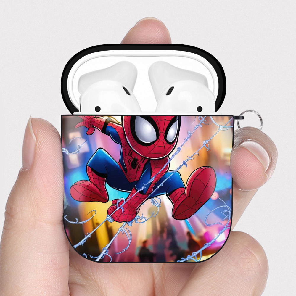 （画像用） Spider Man スパイダーマン AirPods 第2世代保護ケース ハードシェル ブラック 耐衝撃・防指紋・カラビナ付き