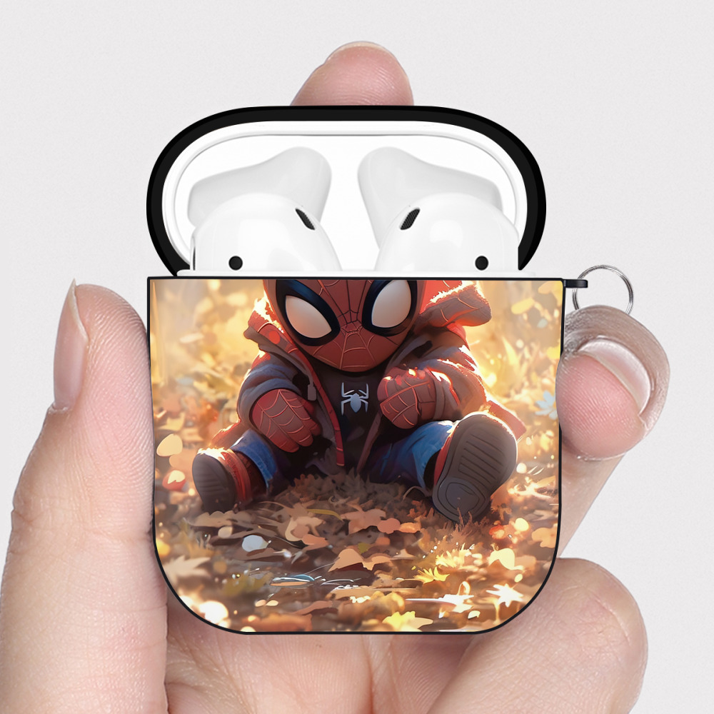 （画像用） Spider Man スパイダーマン AirPods 第2世代保護ケース ハードシェル ブラック 耐衝撃・防指紋・カラビナ付き