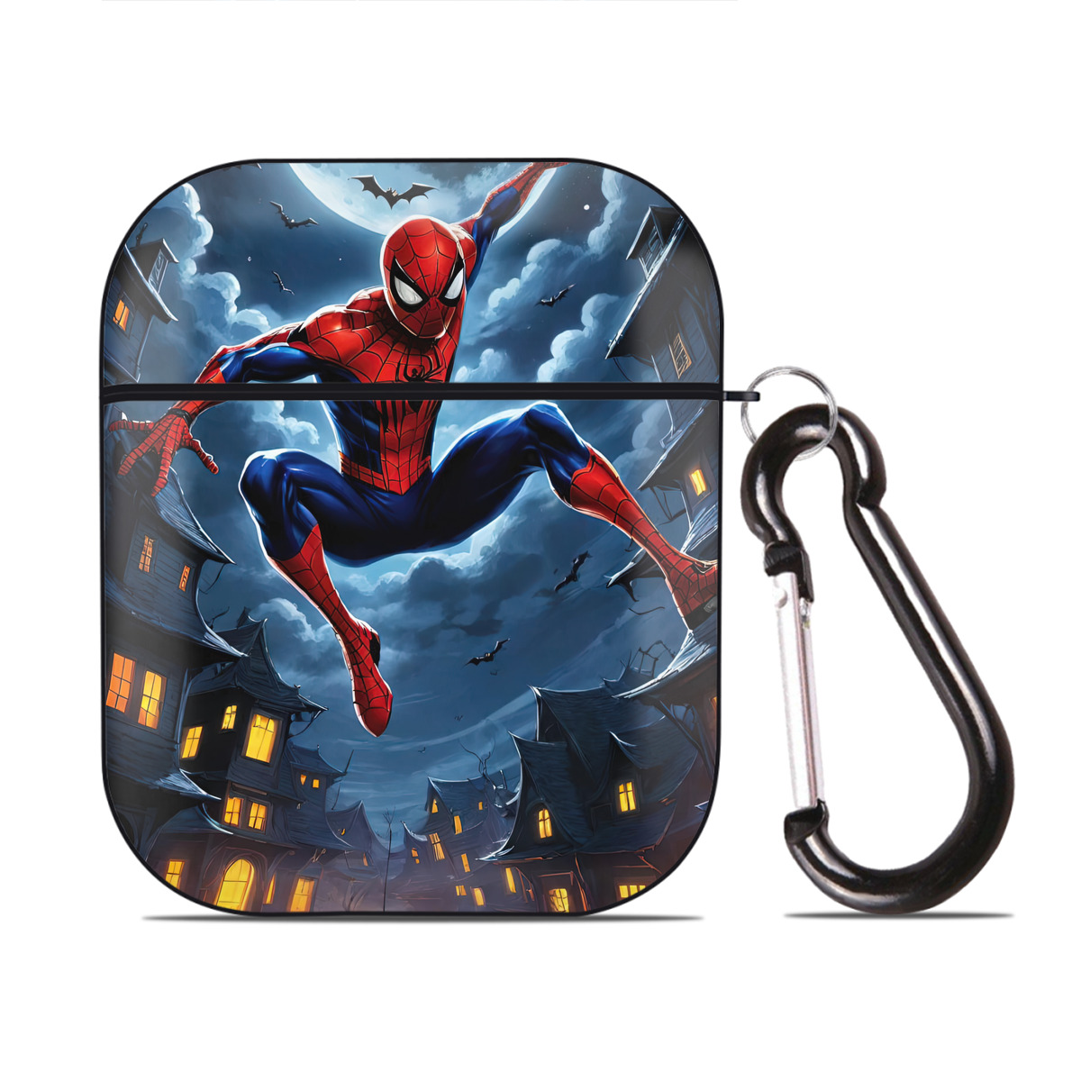 （画像用） Spider Man スパイダーマン AirPods 第2世代保護ケース ハードシェル ブラック 耐衝撃・防指紋・カラビナ付き