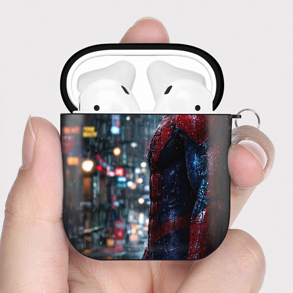 （画像用） Spider Man スパイダーマン AirPods 第2世代保護ケース ハードシェル ブラック 耐衝撃・防指紋・カラビナ付き