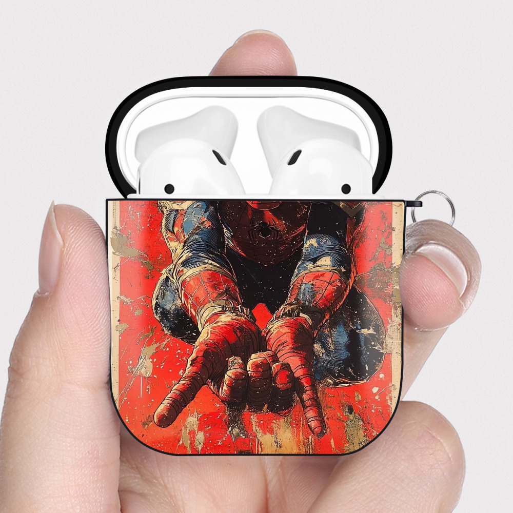 （画像用） Spider Man スパイダーマン AirPods 第2世代保護ケース ハードシェル ブラック 耐衝撃・防指紋・カラビナ付き