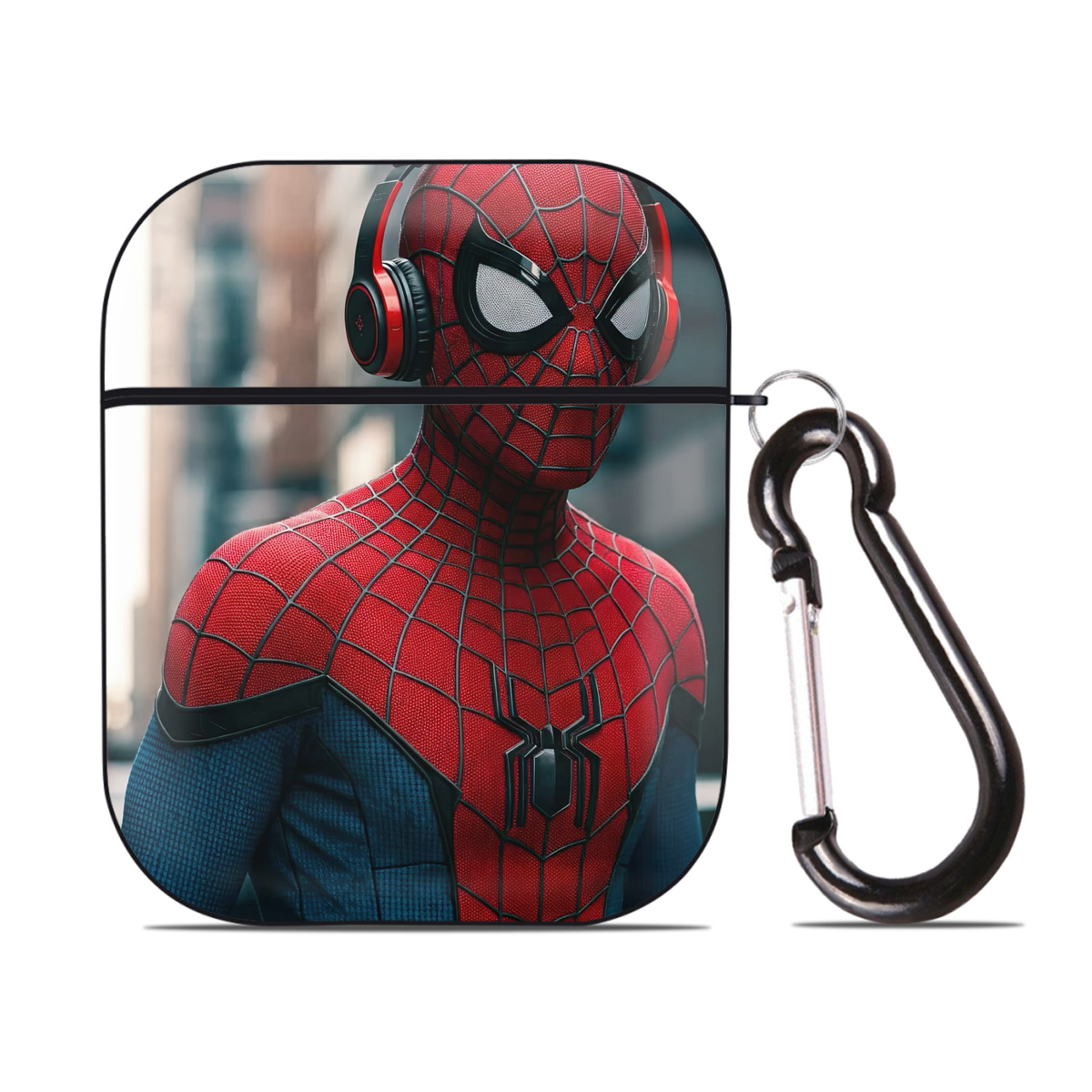 （画像用） Spider Man スパイダーマン AirPods 第2世代保護ケース ハードシェル ブラック 耐衝撃・防指紋・カラビナ付き