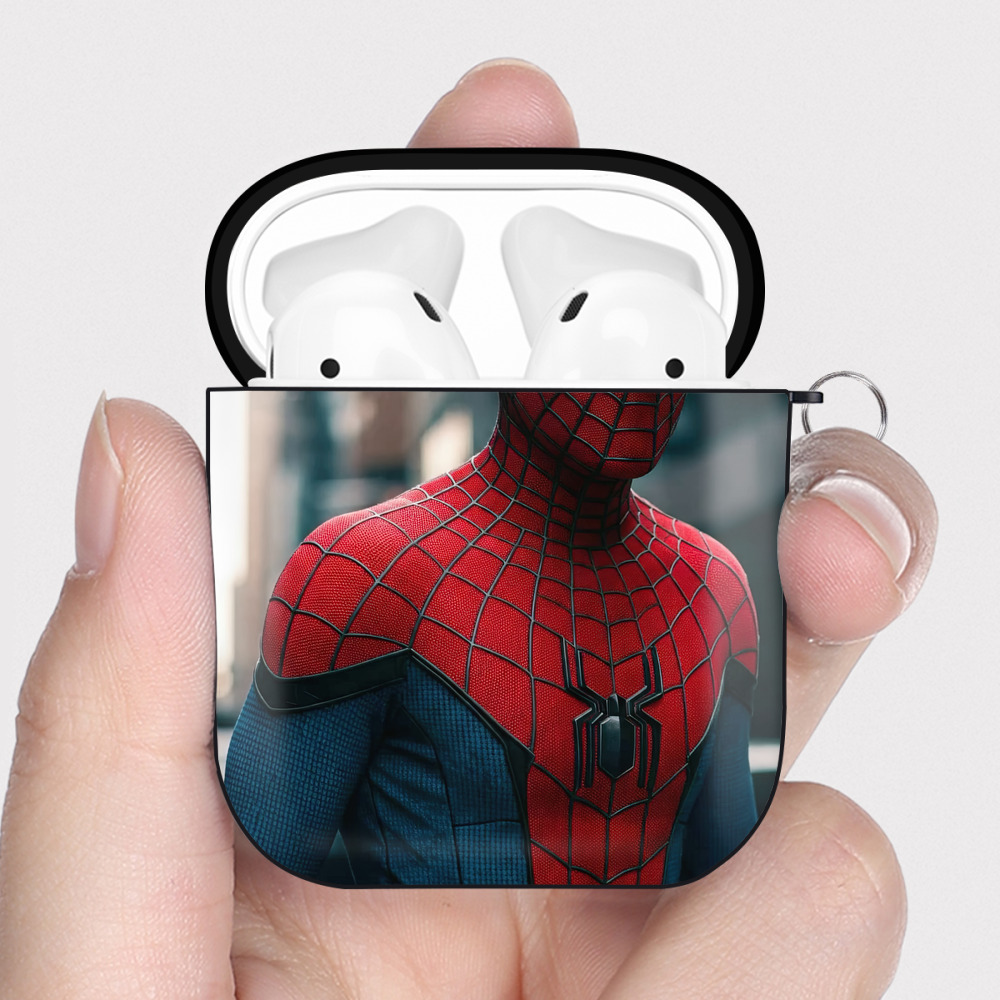 （画像用） Spider Man スパイダーマン AirPods 第2世代保護ケース ハードシェル ブラック 耐衝撃・防指紋・カラビナ付き