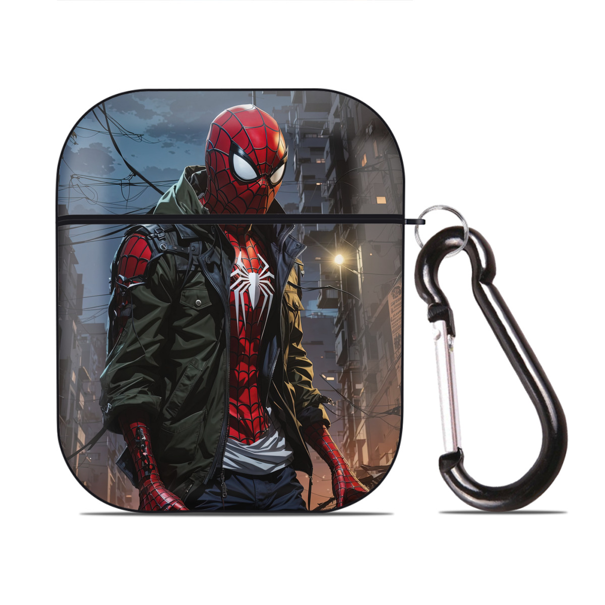 （画像用） Spider Man スパイダーマン AirPods 第2世代保護ケース ハードシェル ブラック 耐衝撃・防指紋・カラビナ付き