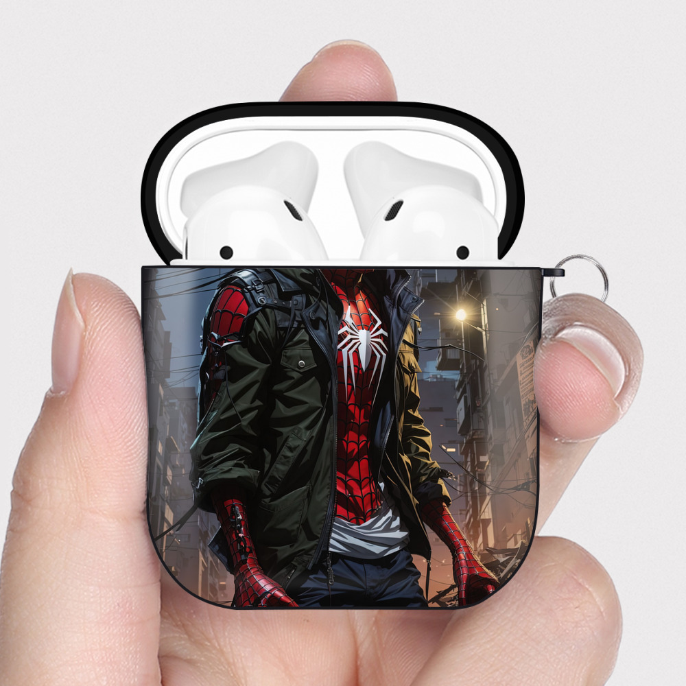 （画像用） Spider Man スパイダーマン AirPods 第2世代保護ケース ハードシェル ブラック 耐衝撃・防指紋・カラビナ付き