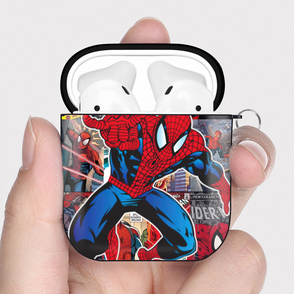 （画像用） Spider Man スパイダーマン AirPods 第2世代保護ケース ハードシェル ブラック 耐衝撃・防指紋・カラビナ付き