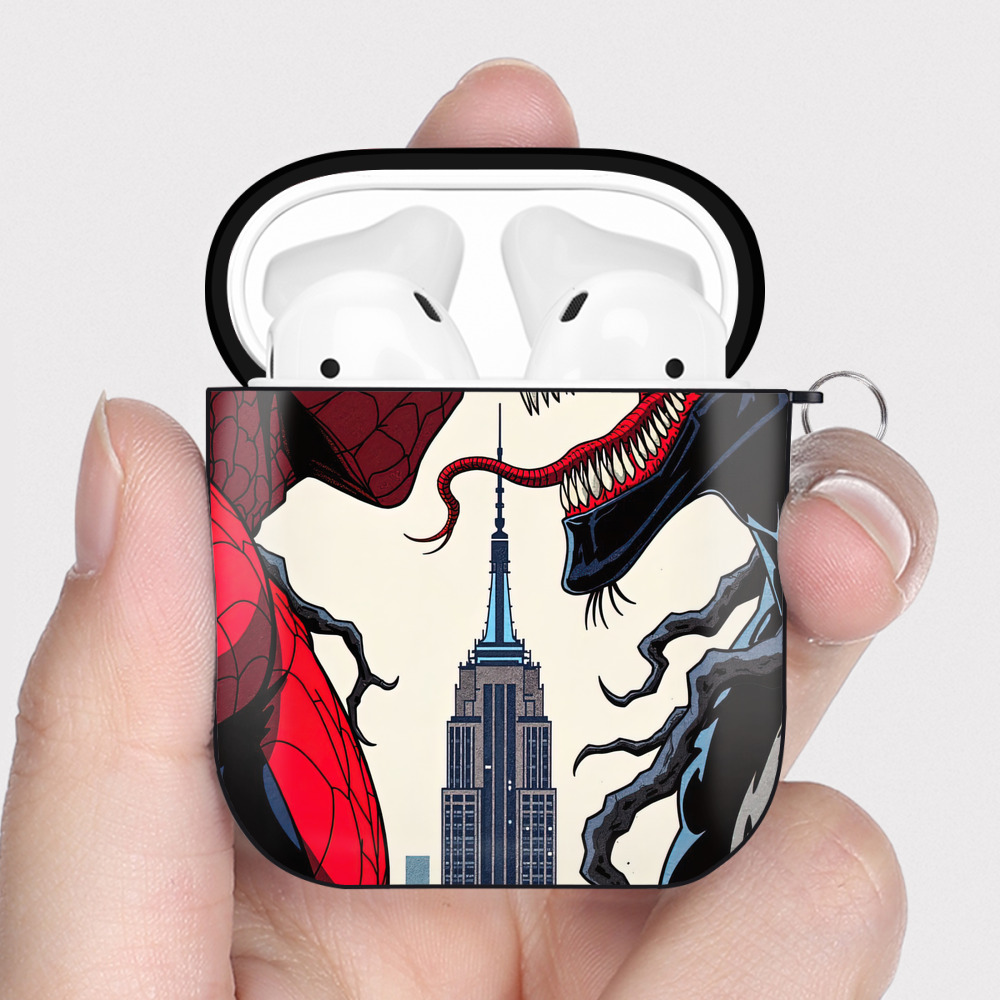 （画像用） Spider Man スパイダーマン AirPods 第2世代保護ケース ハードシェル ブラック 耐衝撃・防指紋・カラビナ付き