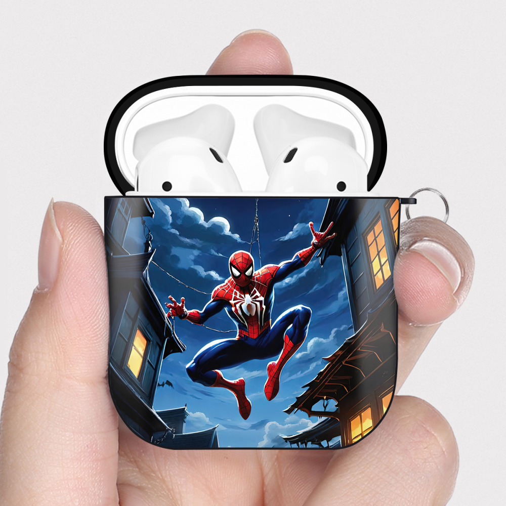 （画像用） Spider Man スパイダーマン AirPods 第2世代保護ケース ハードシェル ブラック 耐衝撃・防指紋・カラビナ付き
