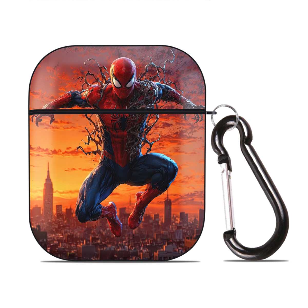 （画像用） Spider Man スパイダーマン AirPods 第2世代保護ケース ハードシェル ブラック 耐衝撃・防指紋・カラビナ付き